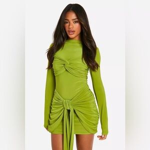 Green Long Sleeve Ruched Twist Detail Mini Dress